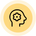 Icon of a head in profile with a gear inside, set against a yellow circular background, symbolizing the mental processes or cognitive functions often required in commercial electrical contractors.